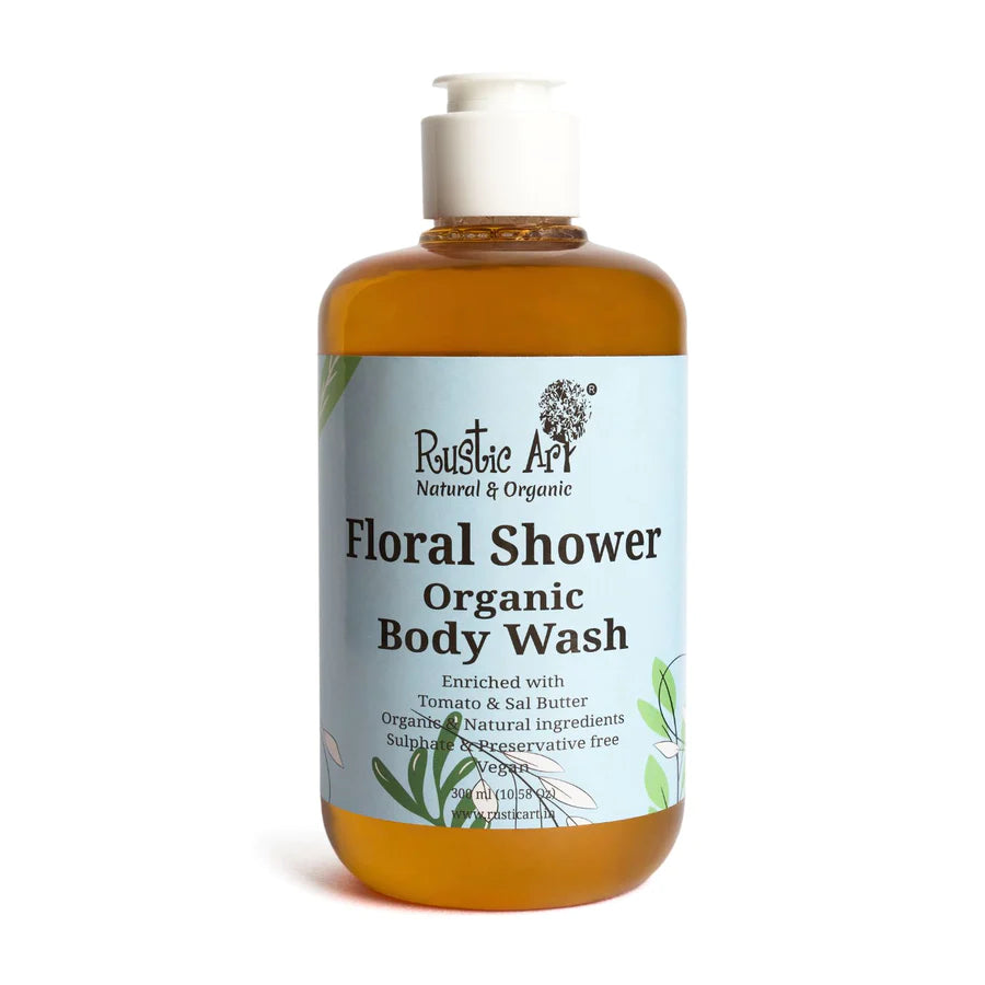 Body Wash | Floral Shower (Enriched With Tomato & Sal Butter) - Organic - Vegan, Sulphate Free, Cruelty Free & Preservatives Free - Rustic Art - 300ml