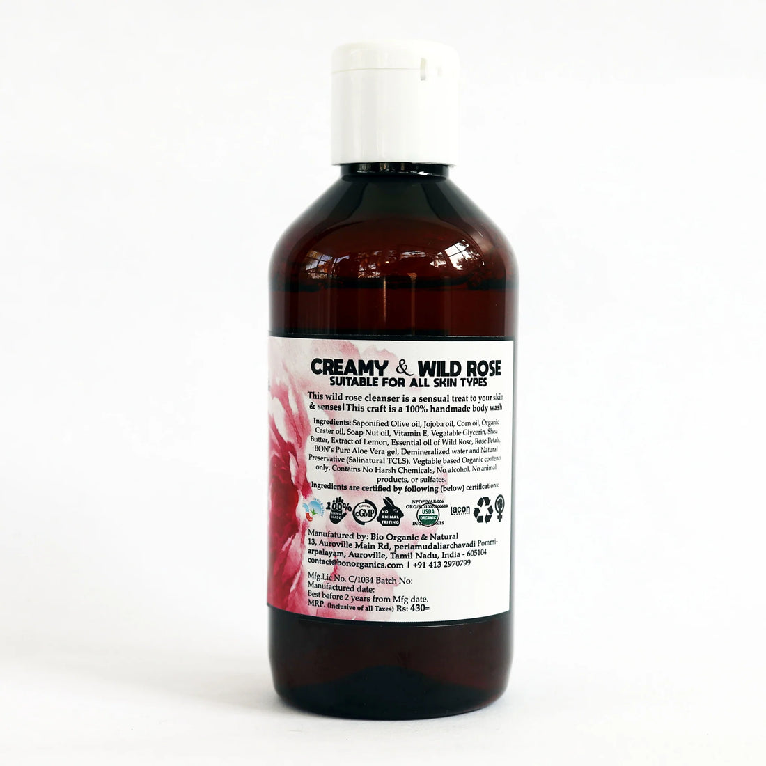 Body Wash | Cream (Rose) - Suitable For All SkinTtypes - Chemical Free, No Sulphate, Silicones, No Artificial Colours &amp;amp; Fragrances - Bon Organics - 250ml