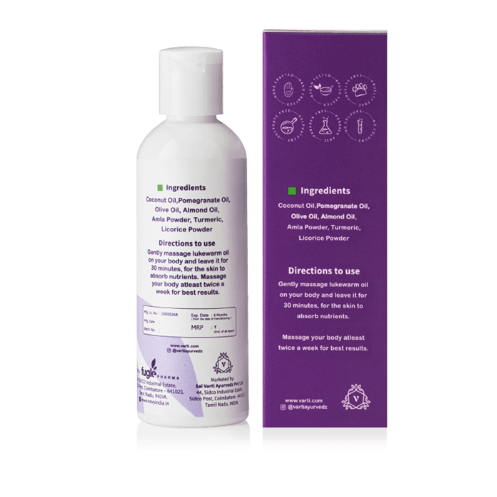 Massage Oil | Body Massage Oil (Blended In Pomegranate Oil, Olive Oil And Almond Oil) – 100% Organic – Parabens Fee , Silicone Free, No Fillers, No Mineral oils &amp; No Added Synthetics Or Additives – Varti Ayurvedz – 100ml