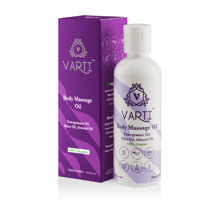 Massage Oil | Body Massage Oil (Blended In Pomegranate Oil, Olive Oil And Almond Oil) – 100% Organic – Parabens Fee , Silicone Free, No Fillers, No Mineral oils &amp; No Added Synthetics Or Additives – Varti Ayurvedz – 100ml
