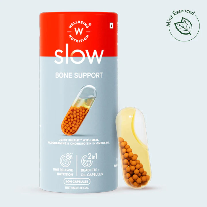 Slow – Bone Support –  Joints Shield With MSM, Glucosamine &amp; Chondroitin In Omega Oil - A Time Conscious Supplement In MCT Oil - Improve Mobility - Slow Release, Plant Base, No Wheat, No GMO &amp;amp; Nutri Science – Wellbeing Nutrition – 60 Capsules