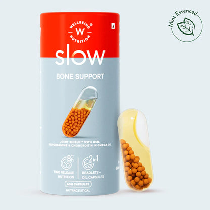 Slow – Bone Support –  Joints Shield With MSM, Glucosamine &amp; Chondroitin In Omega Oil - A Time Conscious Supplement In MCT Oil - Improve Mobility - Slow Release, Plant Base, No Wheat, No GMO &amp;amp; Nutri Science – Wellbeing Nutrition – 60 Capsules