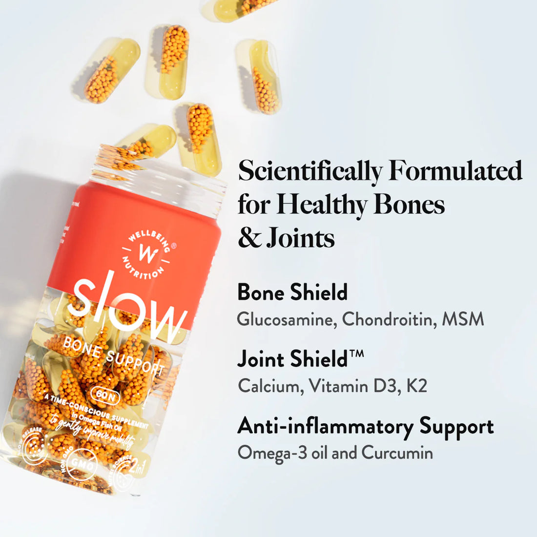 Slow – Bone Support –  Joints Shield With MSM, Glucosamine &amp; Chondroitin In Omega Oil - A Time Conscious Supplement In MCT Oil - Improve Mobility - Slow Release, Plant Base, No Wheat, No GMO &amp;amp; Nutri Science – Wellbeing Nutrition – 60 Capsules