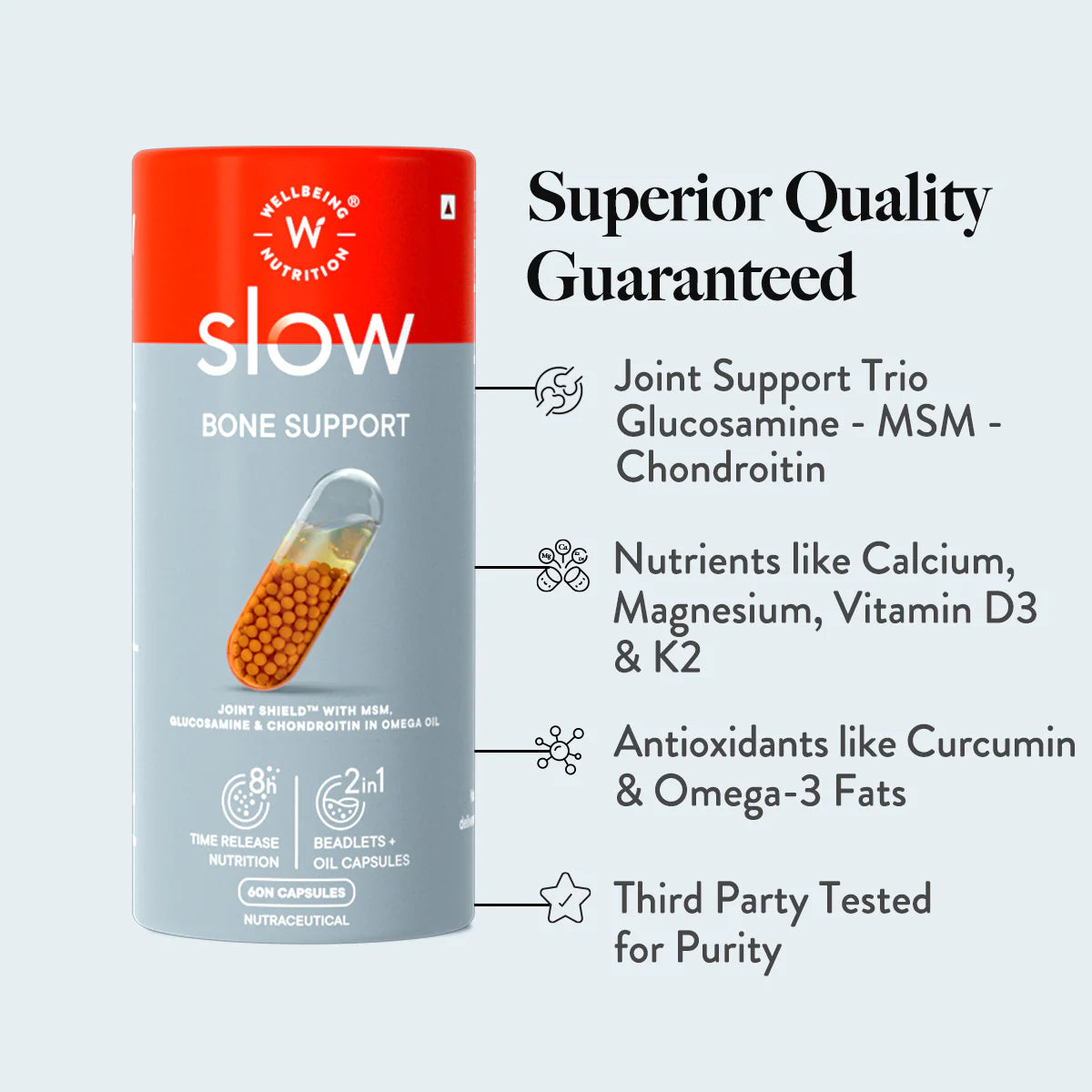 Slow – Bone Support –  Joints Shield With MSM, Glucosamine &amp; Chondroitin In Omega Oil - A Time Conscious Supplement In MCT Oil - Improve Mobility - Slow Release, Plant Base, No Wheat, No GMO &amp;amp; Nutri Science – Wellbeing Nutrition – 60 Capsules