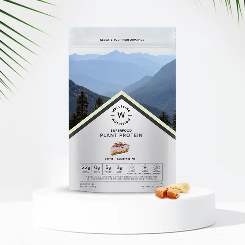 Protein Powder | Plant Protein - British Banoffee Pie - Vegan, Gluten Free, Dairy Free & Non Gmo - Wellbeing Nutrition - (15 Serving) - 500gm