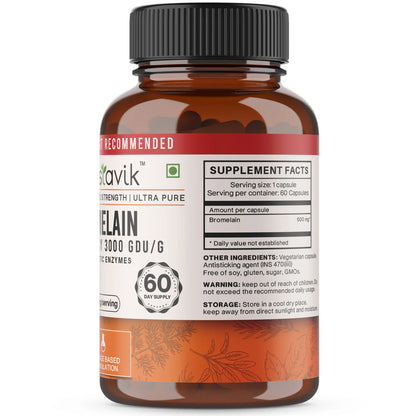 Bromelain | High Potency 3000 GDU/G Proteolytic Enzymes - Soy Free, Gluten Free, No Added Sugar &amp;amp; Non GMO - Vaastavik - (500 mg/Serving) - 60 Capsules