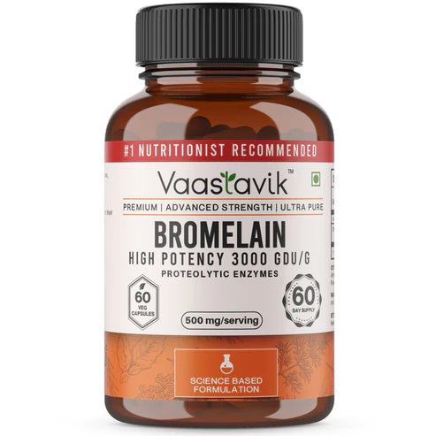 Bromelain | High Potency 3000 GDU/G Proteolytic Enzymes - Soy Free, Gluten Free, No Added Sugar & Non GMO - Vaastavik - (500 mg/Serving) - 60 Capsules