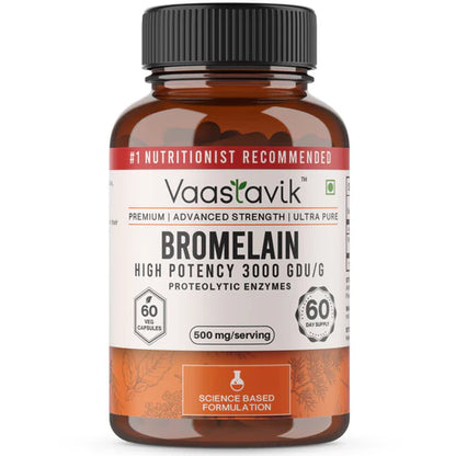 Bromelain | High Potency 3000 GDU/G Proteolytic Enzymes - Soy Free, Gluten Free, No Added Sugar &amp;amp; Non GMO - Vaastavik - (500 mg/Serving) - 60 Capsules