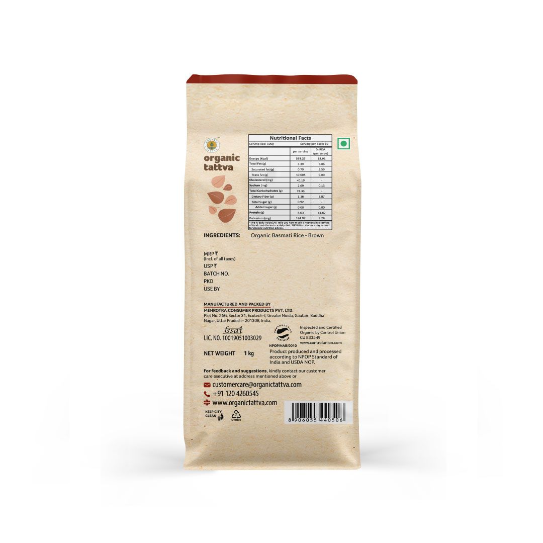 Rice | Brown Basmati - USDA Organic - Naturally Gluten Free - Organic Tattva - 1000gm