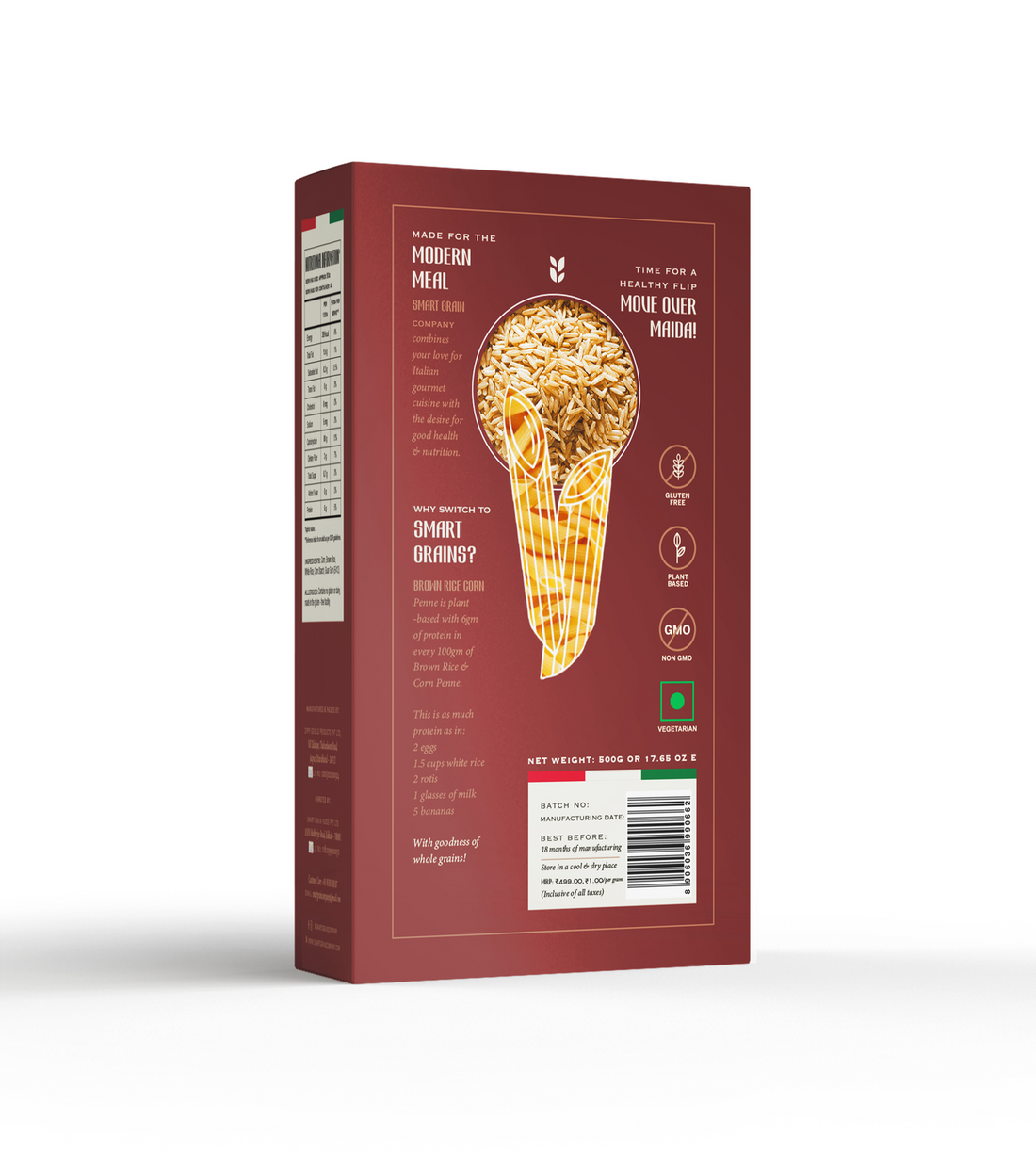 Pasta | Brown Rice Penne Pasta (Made With Brown Rice &amp; Corn) - Plant Based - High In Fiber - Gluten Free, No Maida, No Wheat, Non GMO &amp; No Added Preservatives Or Chemical Free - Smart Grain - 500gm