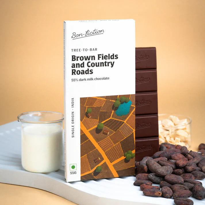 Milk Chocolate | Brown Fields & Country Roads - 55% Dark Milk Chocolate - Tree To Bar – Single Origin – 100% Natural – Vegan, Gluten Free, Palm Oil Free, Non GMO, No Artificial Flavour & No Added Preservatives - Vegan – Bon-Fiction – 55gm