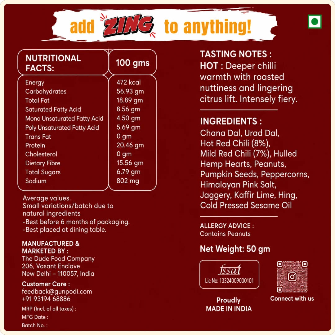Seasoning | Hot with Pumpkin Seeds (Hemp Hearts &amp; Kaffir Lime) - Gluten Free , Vegan-Natural Ingredients, No Onion -Gun Podi- 50gm