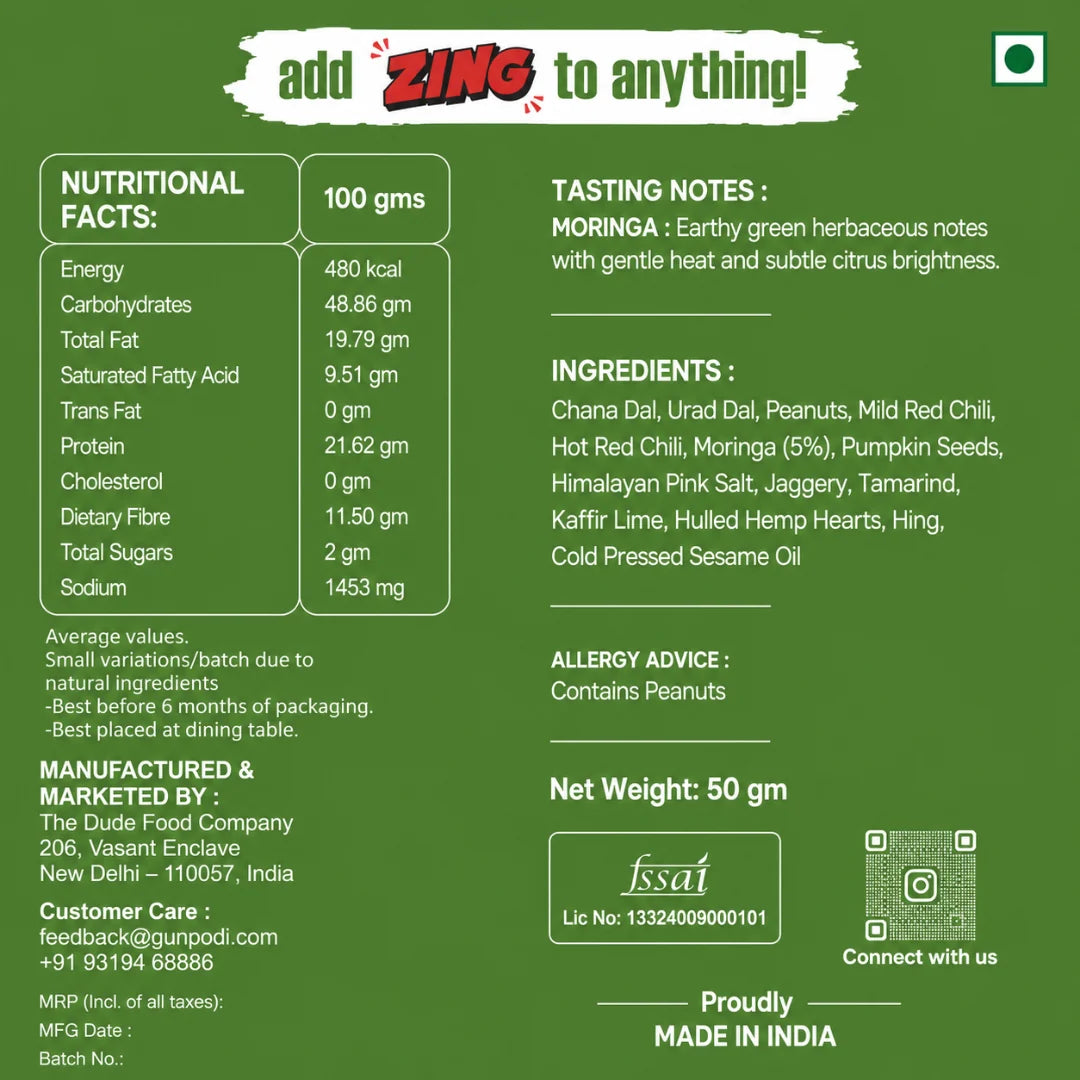 Seasoning | Moringa (Hemp Hearts &amp; Kaffir Lime) - Gluten Free , Vegan-Natural Ingredients, No Onion -Gun Podi- 50gm