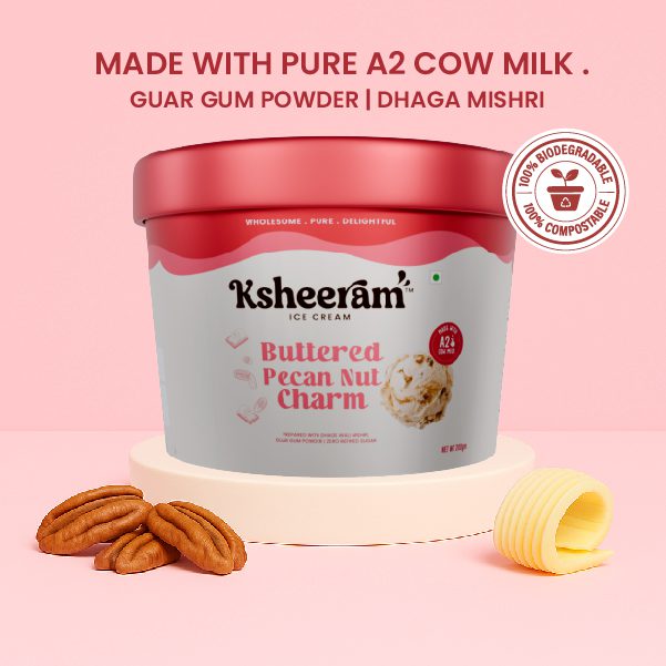 Ice Cream | Buttered Pecan Nut Charm Ice Cream - Crunchy roasted pecans - Sweetened with Dhaga Mishri -Prepared With A2 Cow Milk- Zero Preservatives, No Refined Sugar &amp;  Zero Added Colour and Artificial - Ksheeram Ice Cream – 200 gms