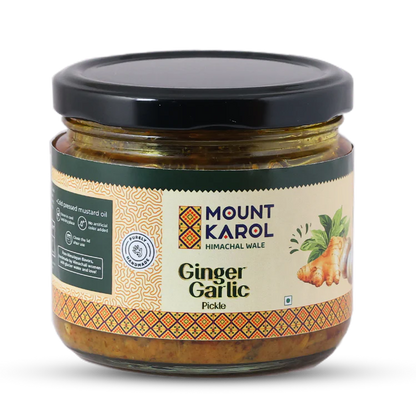 Pickle | Ginger Garlic Pickle - Farm Grown Ginger &amp; Garlic-Cold-pressed Mustard Oil- No emulsifiers, Stabilisers, Nothing Artificial, No Flavour Enhancers, Colours &amp; No Artificial Preservatives - Mount Karol - 300gm