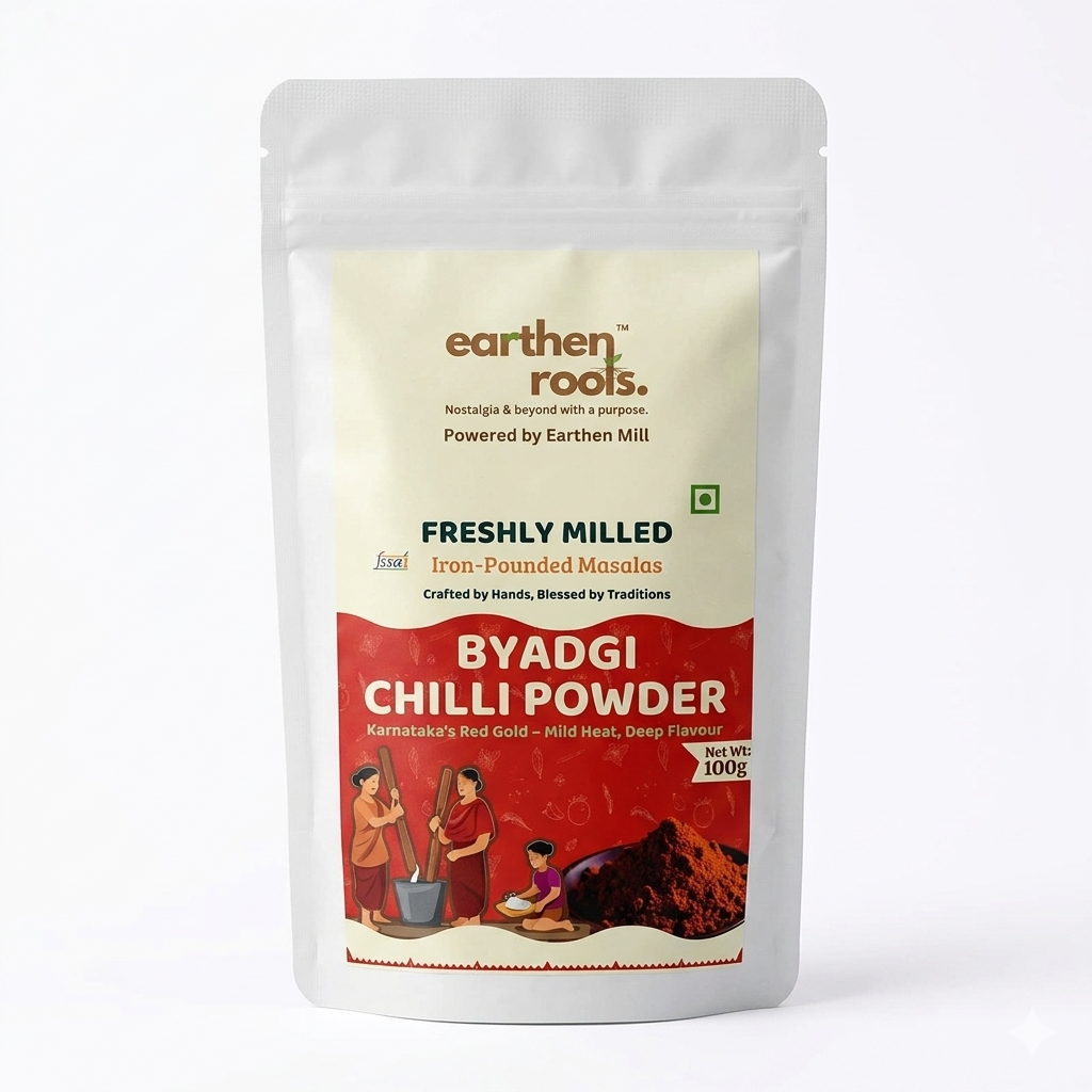 Chilli Powder | Byadgi Chilli Powder - Iron Pounded Masalas - Freshly Milled - No Preservatives &amp; No Additive - Earthen Roots  - 100gm