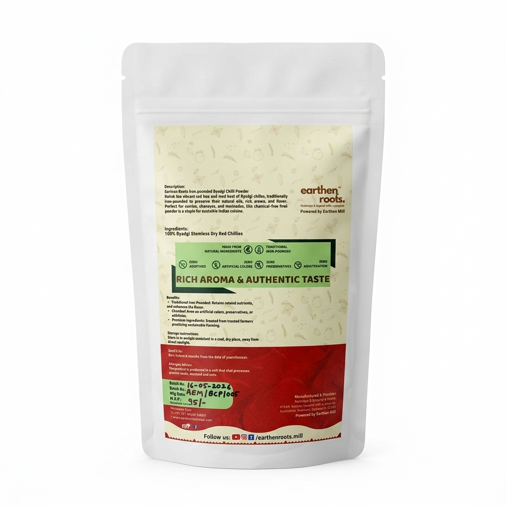 Chilli Powder | Byadgi Chilli Powder - Iron Pounded Masalas - Freshly Milled - No Preservatives &amp; No Additive - Earthen Roots  - 100gm