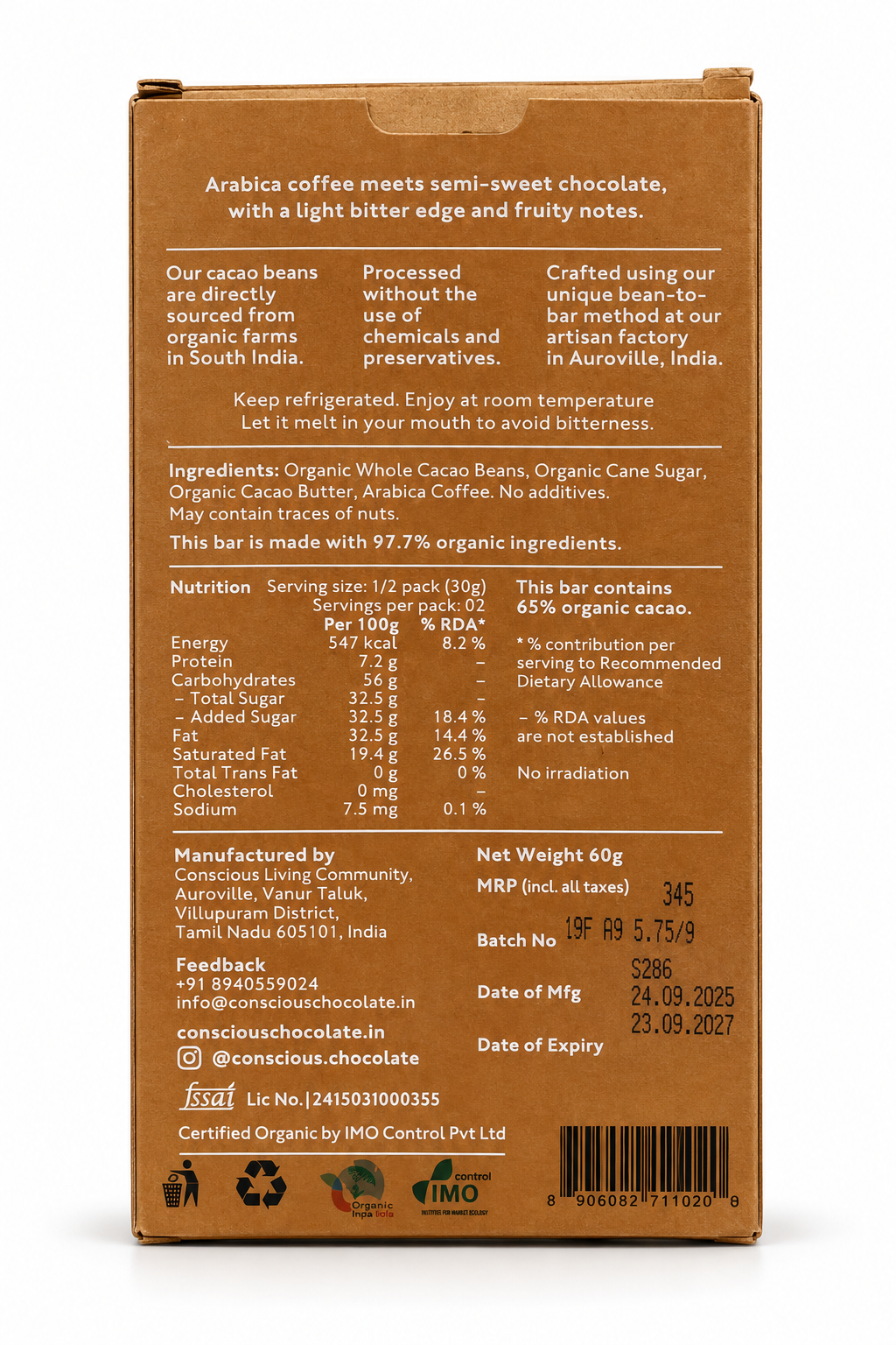 65% Espresso Dark Chocolate - Vegan &amp;amp; Gluten Free - Conscious Living - 60gm
