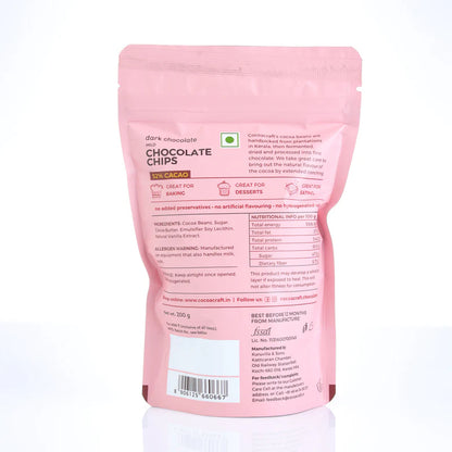 Chocolate Chips - 52% Dark Chocolate - Vegan &amp;amp; Gluten Free - Cocoacraft - 200gm