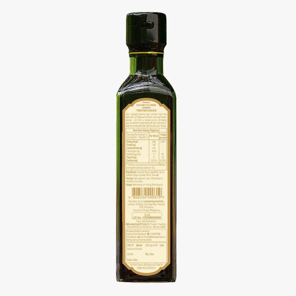 Sauce | Teriyaki Sauce - Coconut Flower Aminos - USDA Organic -100% Plant Based - Gluten Free &amp;amp; No Added Preservatives - Balion - 250ml