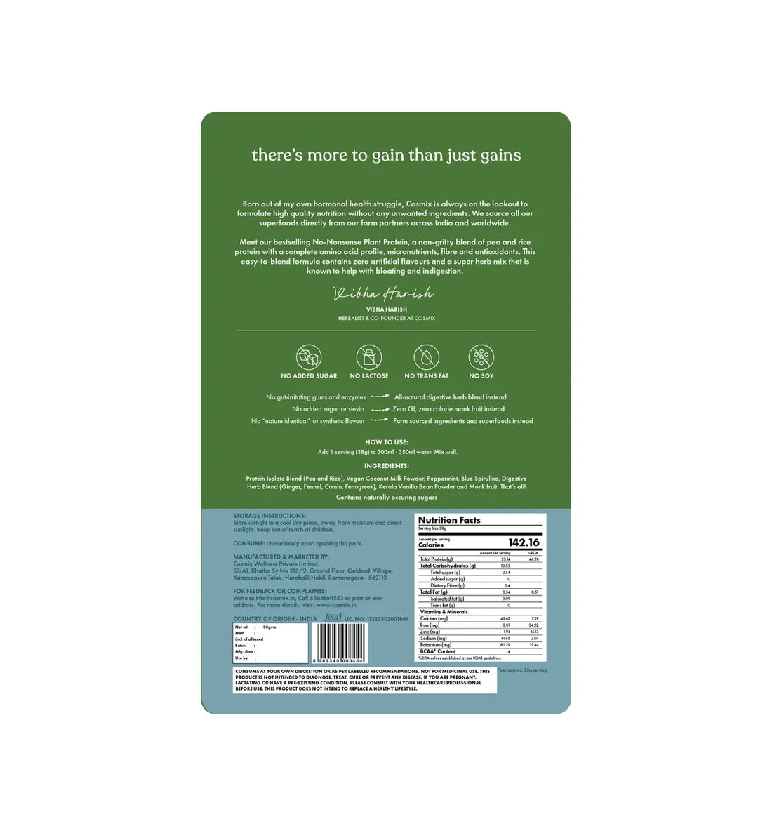 Protein Powder | Coconut Peppermint Plant Protein (24gm Protein Per Serving )– No Nonsense - Gut Friendly, Lactose Free, No Trans Fat, Soy Free, No Added Sugar, Stevia, Gums, Enzymes &amp; No Added Artificial Flavours - Cosmix – 38gm