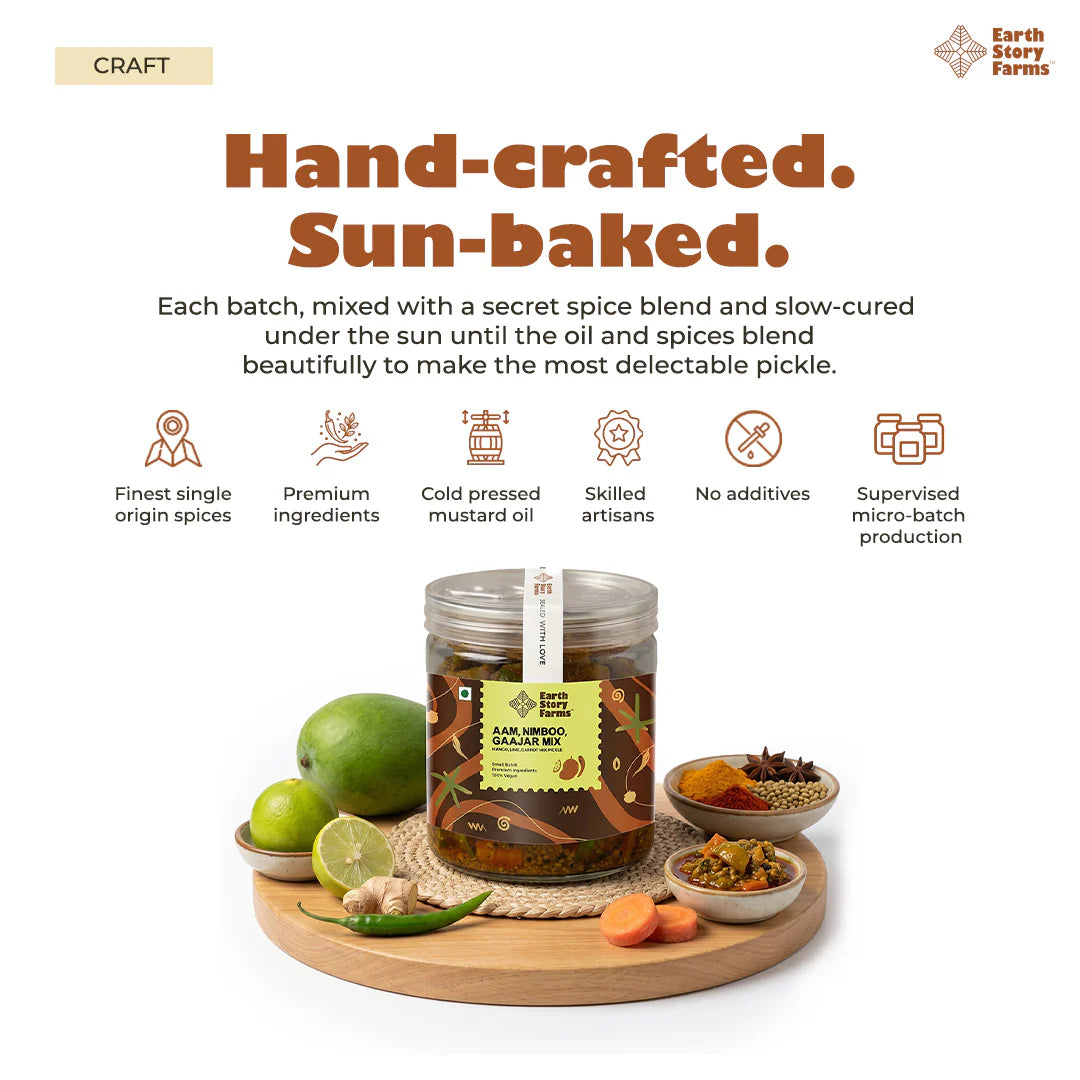 Pickle | Aam, Nimboo, Gaajar  Mixed Pickle- 100% Vegan - Preservative Free - Earth Story Farms- 200gm