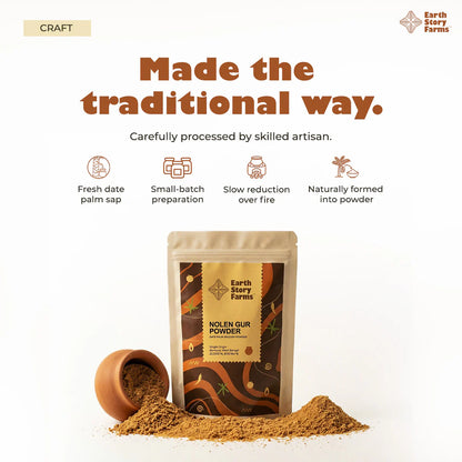 Gur | Nolen Gur Powder-Date Palm Jaggery Powder - No Added Sugar &amp;amp; Chemical Free - Earth Story Farms- 400gm