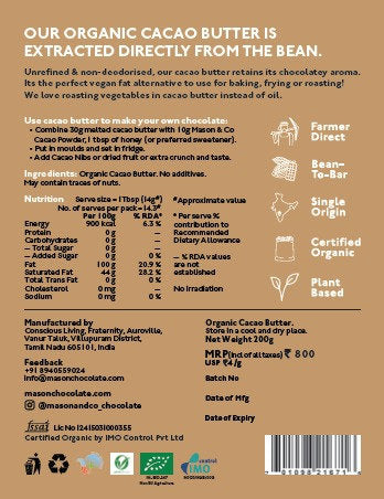 Cacao Butter - Organic, Vegan, Gluten Free & Soy Free - Mason & Co - 200gm