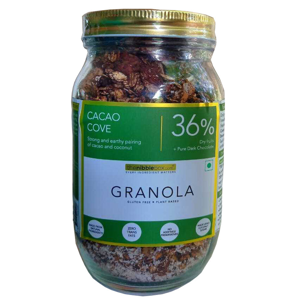 Granola | Cacao Cove Granola - 36% Dry Fruit - Vegan &amp; Gluten Free - The Nibble Box - 500gm
