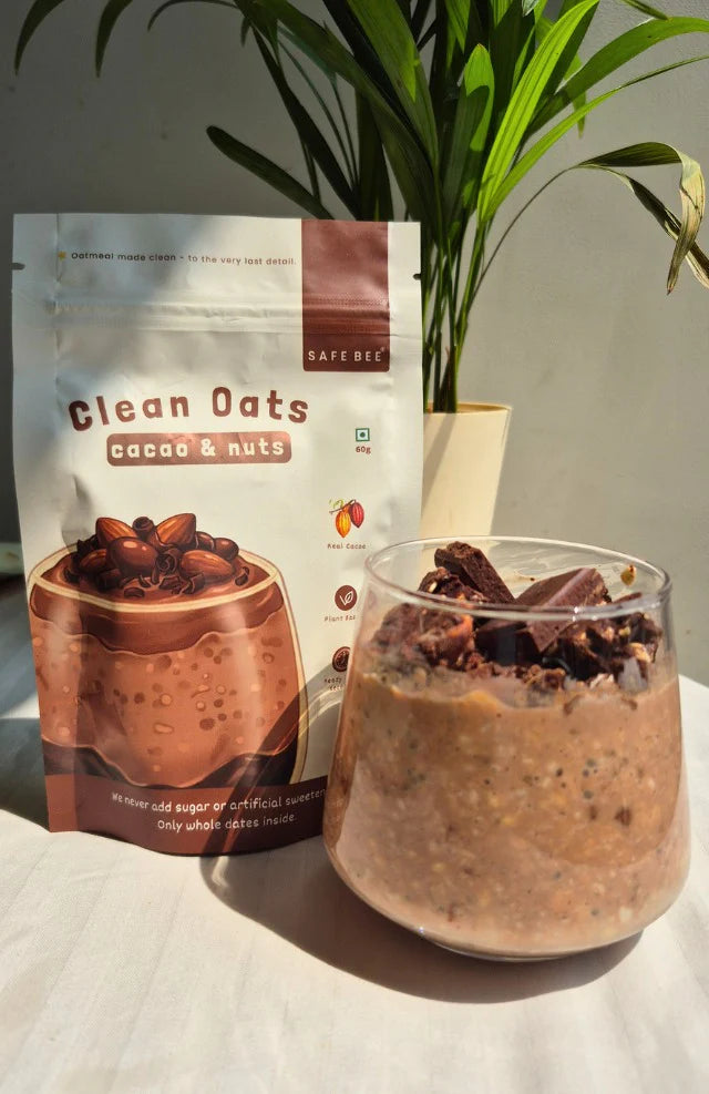 Clean Oats (Cocao &amp; Nuts)- Real Cacao  Date sweetened &amp; Heavy Metal Tested - 100% Wholefood, Plant Based -No additives , No emulsifiers, No Added Oils , No Syrups – Safe Bee – 60gm