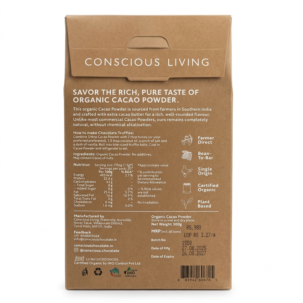 Cacao Powder (99%) - Vegan &amp;amp; Soy Free - Conscious Chocolate- 300gm