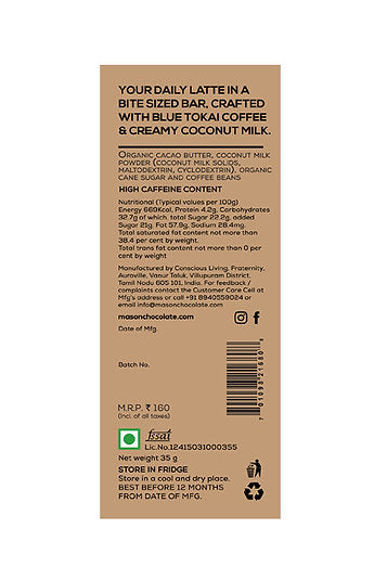Cafe Latte Bar - Vegan, Gluten Free &amp; Soy Free – Mason &amp;amp; Co – 35gm