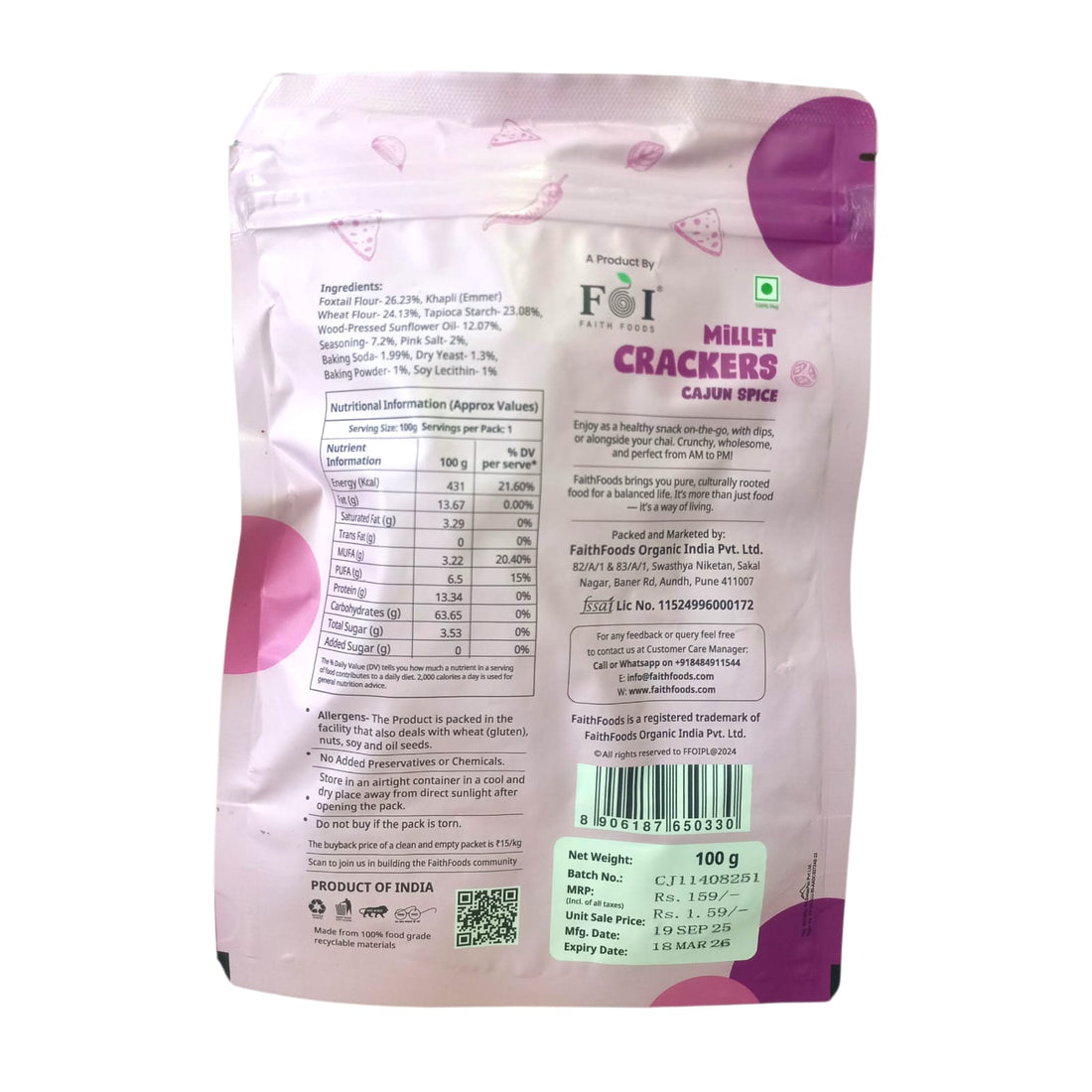 Millet Cracker | Cajun Spice Millet Cracker - 13g Protein - Baked - No Palm Oil, Preservatives Free &amp; No Maida - Faith Foods - 100gm