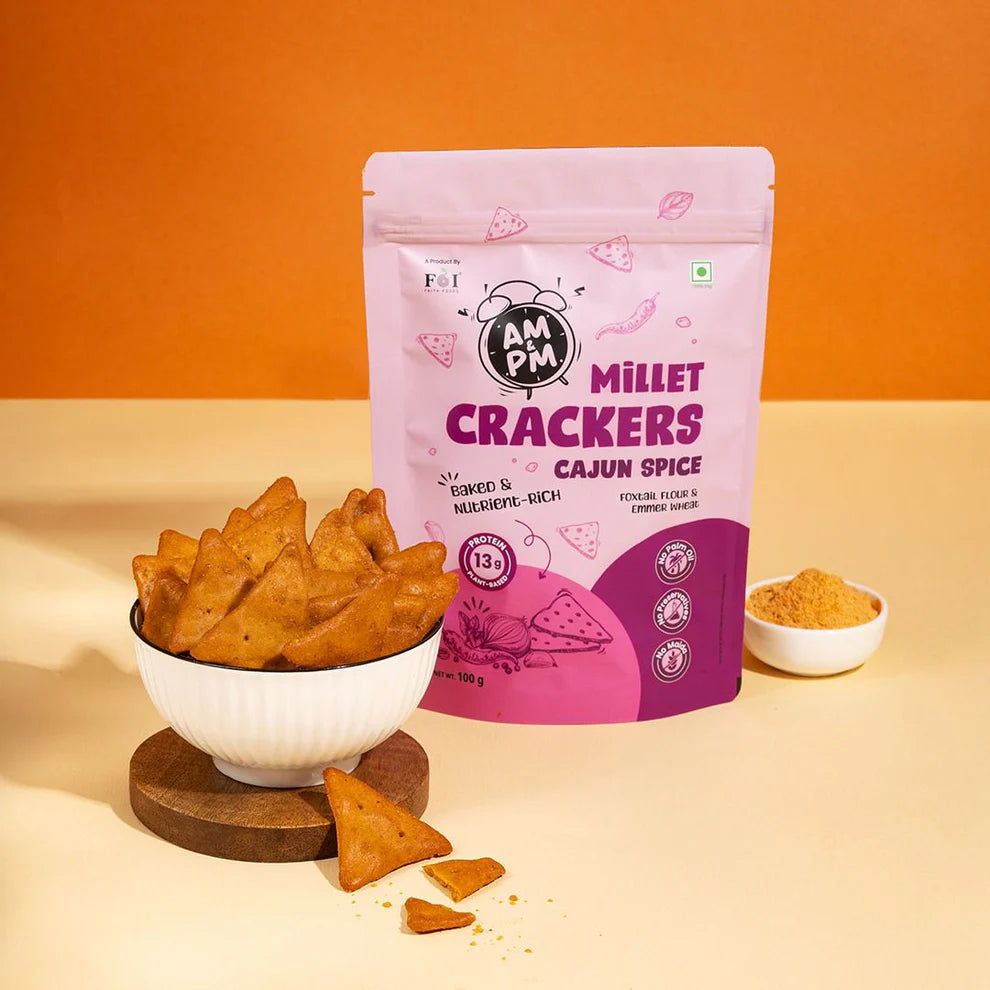 Millet Cracker | Cajun Spice Millet Cracker - 13g Protein - Baked - No Palm Oil, Preservatives Free &amp; No Maida - Faith Foods - 100gm