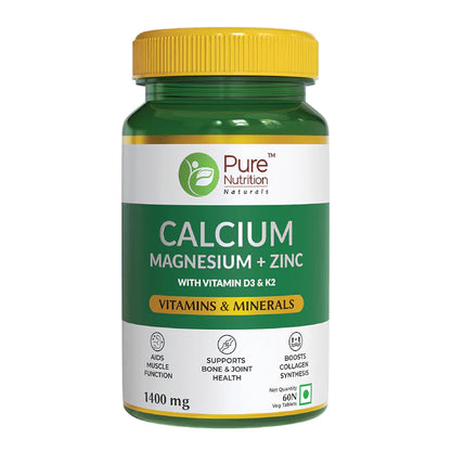 Calcium | Magnesium + Zinc (With Vitamin D3 &amp;amp; K2) - Vitamin And Minerals - Maintains Bone Health And Supports Muscle Functions &amp;amp; Boosts Collagen Synthesis - Pure Nutrition - 1400mg - 60 Capsules