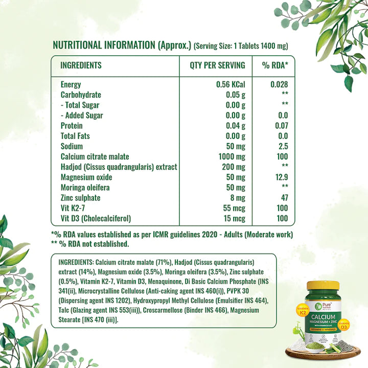 Calcium | Magnesium + Zinc (With Vitamin D3 &amp;amp; K2) - Vitamin And Minerals - Maintains Bone Health And Supports Muscle Functions &amp;amp; Boosts Collagen Synthesis - Pure Nutrition - 1400mg - 60 Capsules
