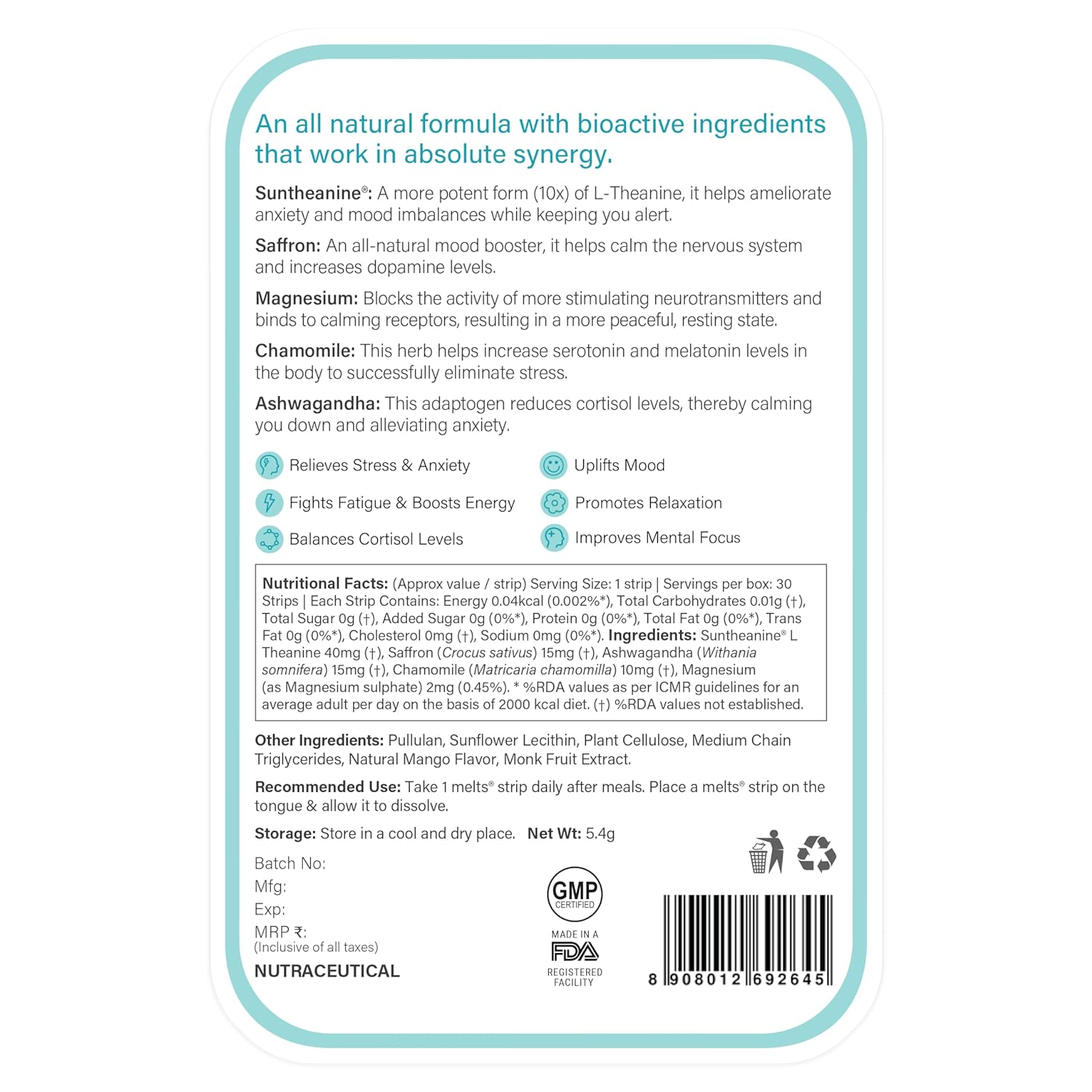 Calm &amp; Relaxation - Melts - (Suntheanine + Magnesium) - Natural – Vegan, Gluten Free &amp; Zero Sugar – Wellbeing Nutrition – 30 Strips