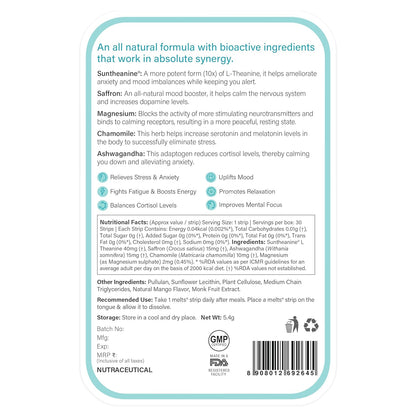 Calm &amp; Relaxation - Melts - (Suntheanine + Magnesium) - Natural – Vegan, Gluten Free &amp; Zero Sugar – Wellbeing Nutrition – 30 Strips