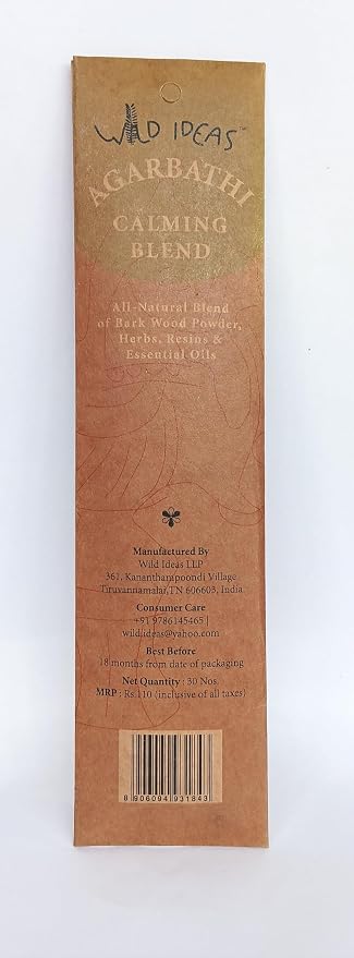 Calming Blend Agarbathi - Incense Stick with Essential Oil-All Natural Blend of Bark Wood Powder  – Wild Ideas –  30 Sticks Pack