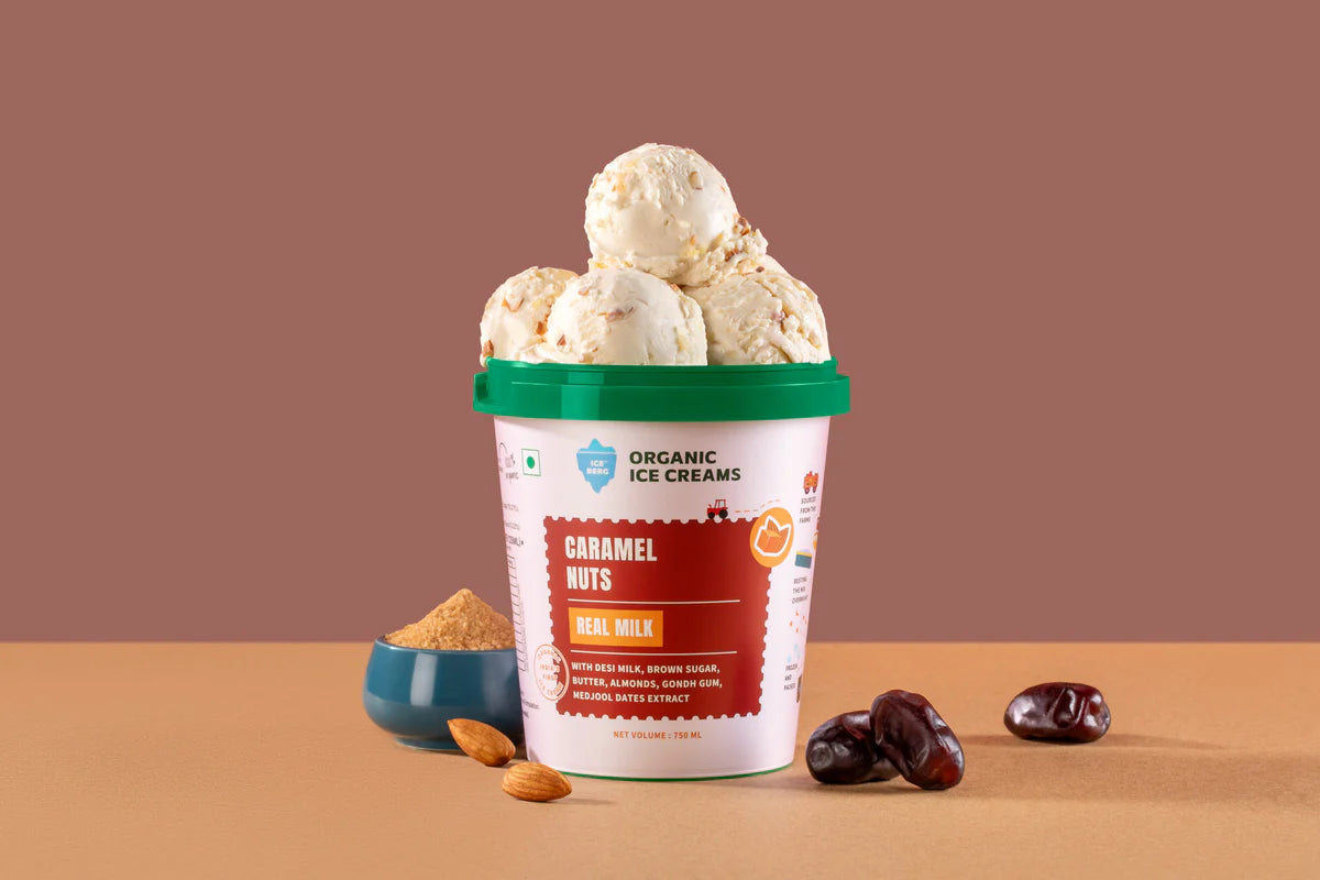 Ice Cream | Caramel Nuts Ice Cream - Made From A2 Milk, Gondh Gum, Organic Butter, Caramel Nuts - Churned with authentic &amp; Real Ingredients -No Artificial Stabilisers Added- Iceberg Organic Ice Cream - 125ml