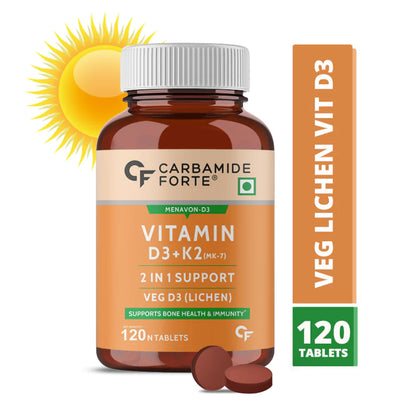 Vitamin D3+K2 | Menavon-D3 (Lichen Source With Vitamin K2 MK7) - Supports Bone Health &amp;amp; Immunity - Plant Based - Carbamide Forte - 120 Veg Tablets