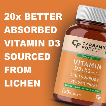 Vitamin D3+K2 | Menavon-D3 (Lichen Source With Vitamin K2 MK7) - Supports Bone Health &amp;amp; Immunity - Plant Based - Carbamide Forte - 120 Veg Tablets