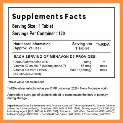 Vitamin D3+K2 | Menavon-D3 (Lichen Source With Vitamin K2 MK7) - Supports Bone Health &amp;amp; Immunity - Plant Based - Carbamide Forte - 120 Veg Tablets