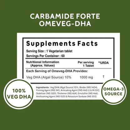 Omega 3 | Omeveg - DHA - Vegetarian - Algal DHA 10% - Plant Based - Supports Heart, Joints, Brain &amp;amp; Immunity - Vegan, Gluten Free, Cruelty Free, Paraben Free, Fish Free &amp;amp; Non GMO - Carbamide Forte -(1000mg) 60 Tablets
