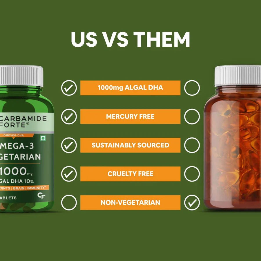 Omega 3 | Omeveg - DHA - Vegetarian - Algal DHA 10% - Plant Based - Supports Heart, Joints, Brain &amp;amp; Immunity - Vegan, Gluten Free, Cruelty Free, Paraben Free, Fish Free &amp;amp; Non GMO - Carbamide Forte -(1000mg) 60 Tablets