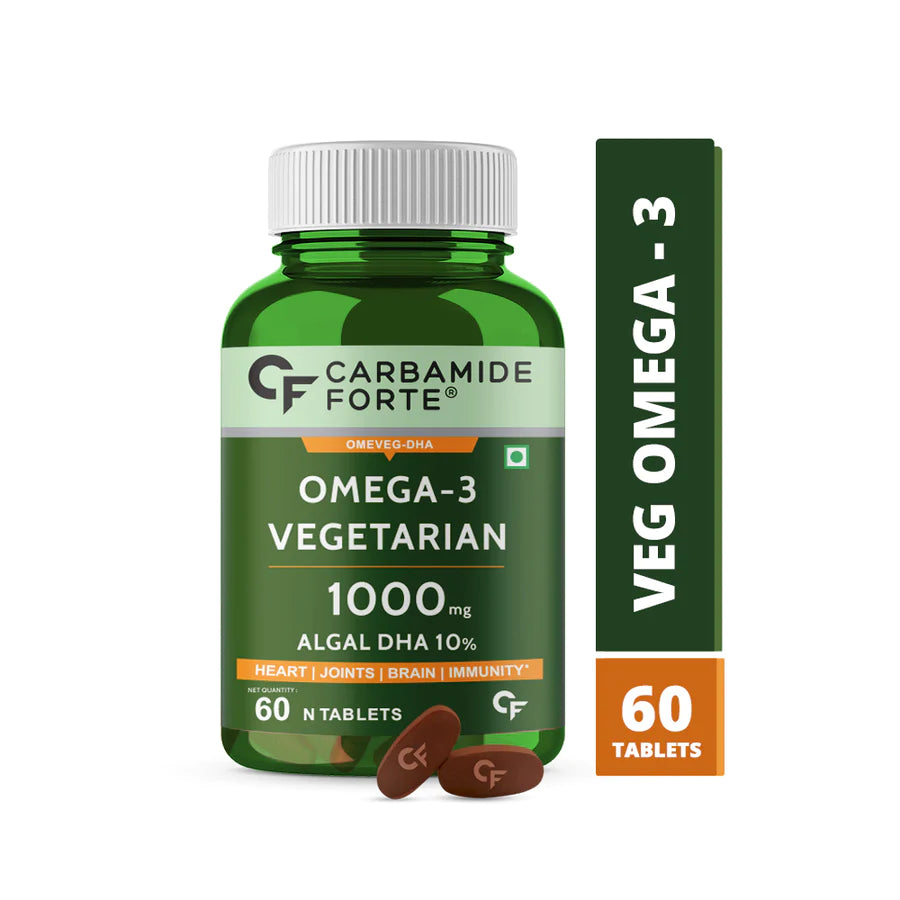 Omega 3 | Omeveg - DHA - Vegetarian - Algal DHA 10% - Plant Based - Supports Heart, Joints, Brain & Immunity - Vegan, Gluten Free, Cruelty Free, Paraben Free, Fish Free & Non GMO - Carbamide Forte -(1000mg) 60 Tablets