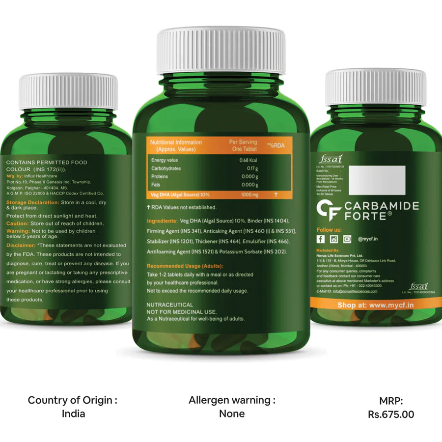 Omega 3 | Omeveg - DHA - Vegetarian - Algal DHA 10% - Plant Based - Supports Heart, Joints, Brain &amp;amp; Immunity - Vegan, Gluten Free, Cruelty Free, Paraben Free, Fish Free &amp;amp; Non GMO - Carbamide Forte -(1000mg) 60 Tablets