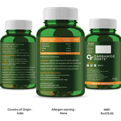 Omega 3 | Omeveg - DHA - Vegetarian - Algal DHA 10% - Plant Based - Supports Heart, Joints, Brain &amp;amp; Immunity - Vegan, Gluten Free, Cruelty Free, Paraben Free, Fish Free &amp;amp; Non GMO - Carbamide Forte -(1000mg) 60 Tablets
