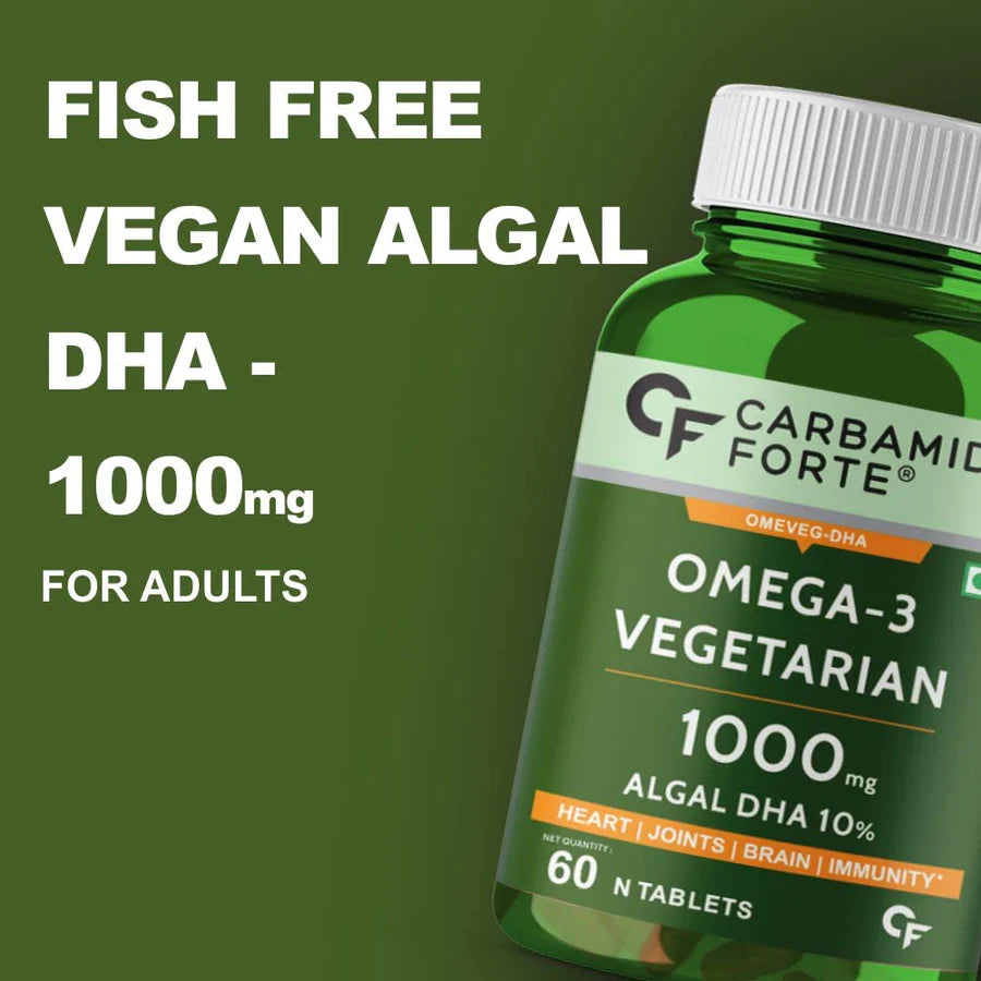 Omega 3 | Omeveg - DHA - Vegetarian - Algal DHA 10% - Plant Based - Supports Heart, Joints, Brain &amp;amp; Immunity - Vegan, Gluten Free, Cruelty Free, Paraben Free, Fish Free &amp;amp; Non GMO - Carbamide Forte -(1000mg) 60 Tablets