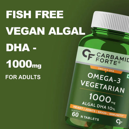 Omega 3 | Omeveg - DHA - Vegetarian - Algal DHA 10% - Plant Based - Supports Heart, Joints, Brain &amp;amp; Immunity - Vegan, Gluten Free, Cruelty Free, Paraben Free, Fish Free &amp;amp; Non GMO - Carbamide Forte -(1000mg) 60 Tablets
